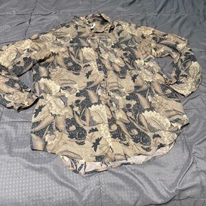 Metro Express Silk Button Up Shirt Size Medium Vintage Tan Floral